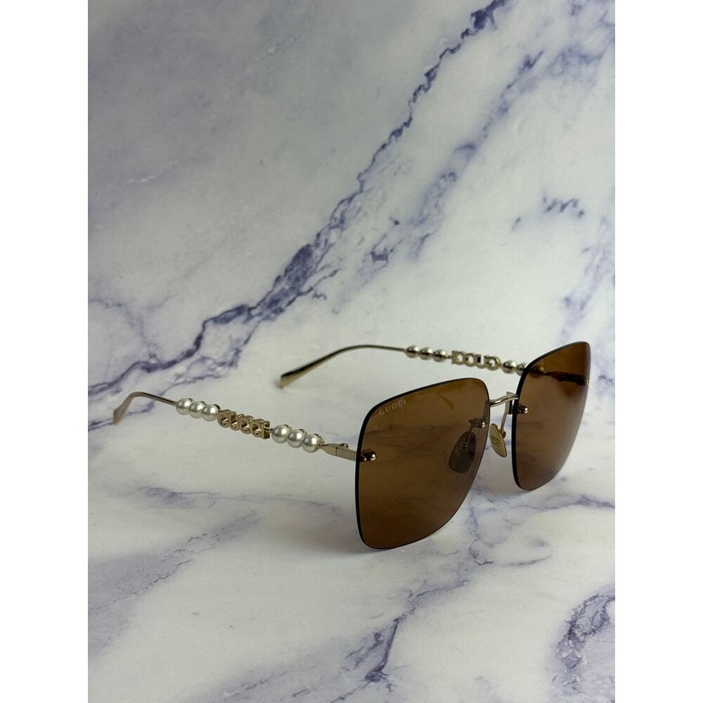 NEW Gucci GG1923SA Gold Brown Square Pearl Sunglasses - Picture 6 of 8